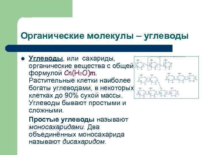 Органические молекулы – углеводы Углеводы, или сахариды, органические вещества с общей формулой Cn(H 2