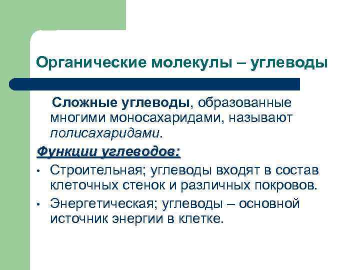 Органические молекулы – углеводы Сложные углеводы, образованные многими моносахаридами, называют полисахаридами. Функции углеводов: •