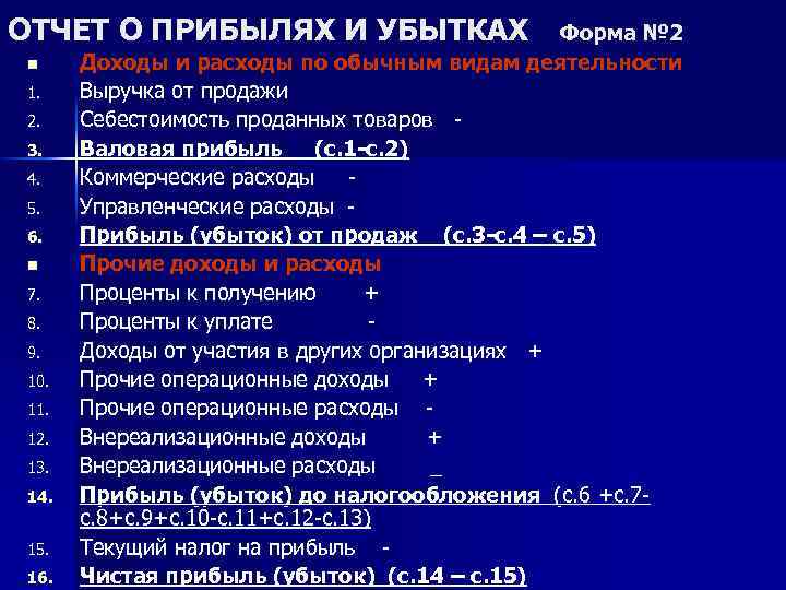 ОТЧЕТ О ПРИБЫЛЯХ И УБЫТКАХ n 1. 2. 3. 4. 5. 6. n 7.