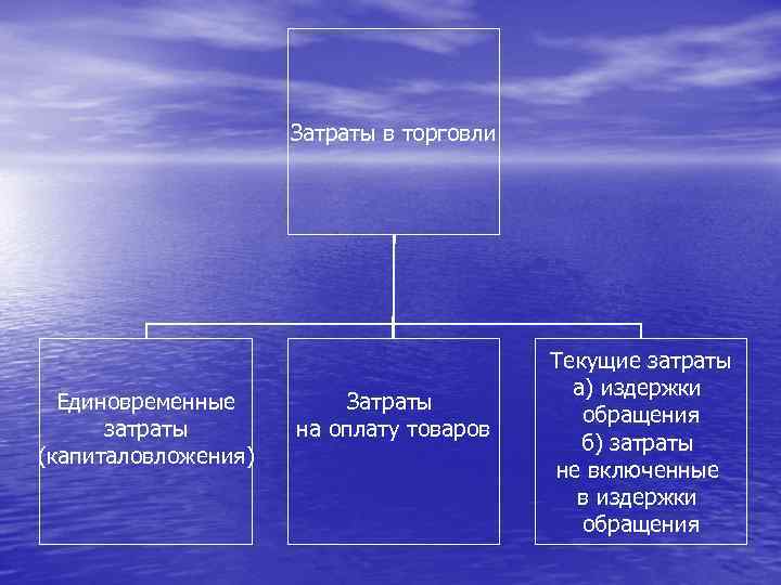 Затраты в торговли Единовременные затраты (капиталовложения) Затраты на оплату товаров Текущие затраты а) издержки