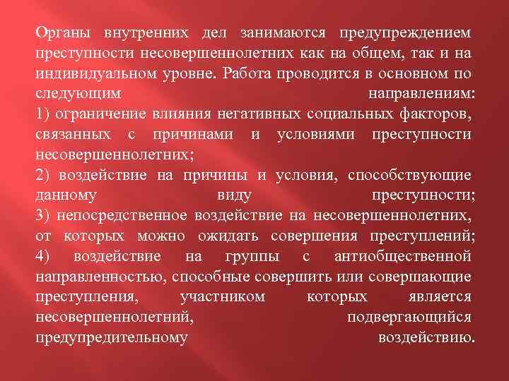 Органы внутренних дел занимаются предупреждением преступности несовершеннолетних как на общем, так и на индивидуальном