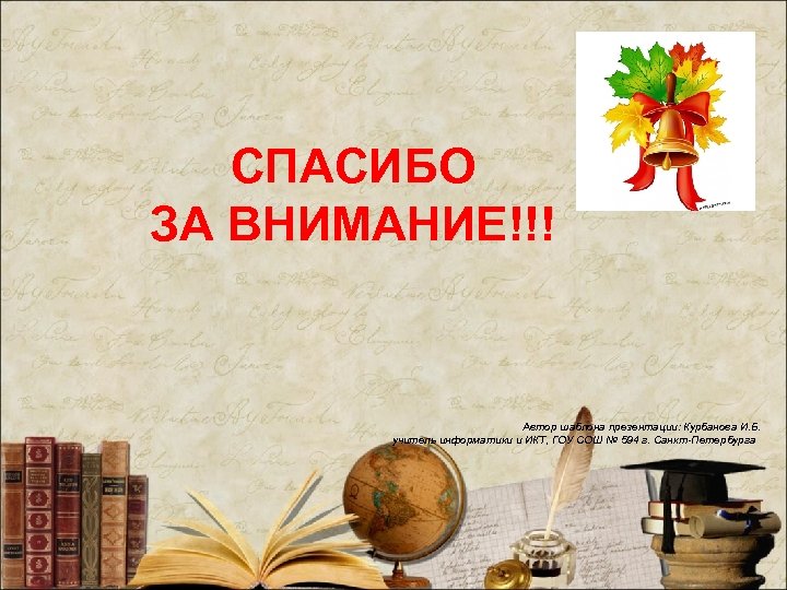 СПАСИБО ЗА ВНИМАНИЕ!!! Автор шаблона презентации: Курбанова И. Б. учитель информатики и ИКТ, ГОУ