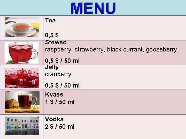 MENU Tea 0, 5 $ Stewed raspberry, strawberry, black currant, gooseberry 0, 5 $