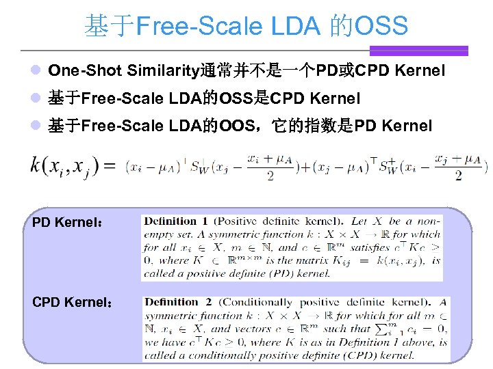 基于Free-Scale LDA 的OSS l One-Shot Similarity通常并不是一个PD或CPD Kernel l 基于Free-Scale LDA的OSS是CPD Kernel l 基于Free-Scale LDA的OOS，它的指数是PD