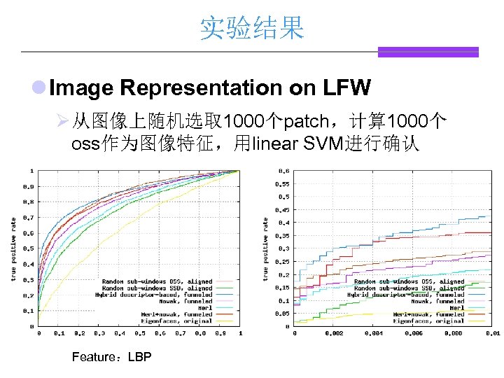 实验结果 l Image Representation on LFW Ø从图像上随机选取 1000个patch，计算 1000个 oss作为图像特征，用linear SVM进行确认 Feature：LBP 
