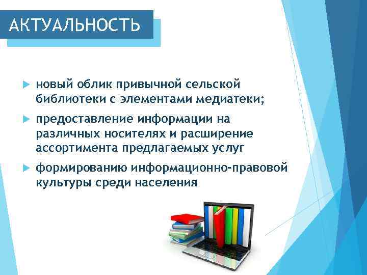АКТУАЛЬНОСТЬ новый облик привычной сельской библиотеки с элементами медиатеки; предоставление информации на различных носителях