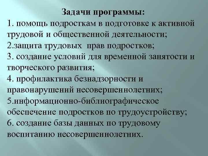 Задачи программы: 1. помощь подросткам в подготовке к активной трудовой и общественной деятельности; 2.