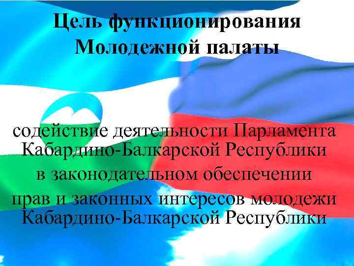 Цель функционирования Молодежной палаты содействие деятельности Парламента Кабардино-Балкарской Республики в законодательном обеспечении прав и