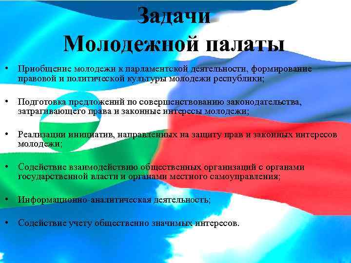 Задачи Молодежной палаты • Приобщение молодежи к парламентской деятельности, формирование правовой и политической культуры