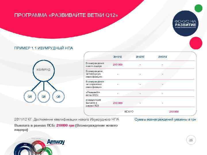 ПРОГРАММА «РАЗВИВАЙТЕ ВЕТКИ Q 12» ПРИМЕР 1. 1 ИЗУМРУДНЫЙ НПА 2011/12 - Вознаграждене за