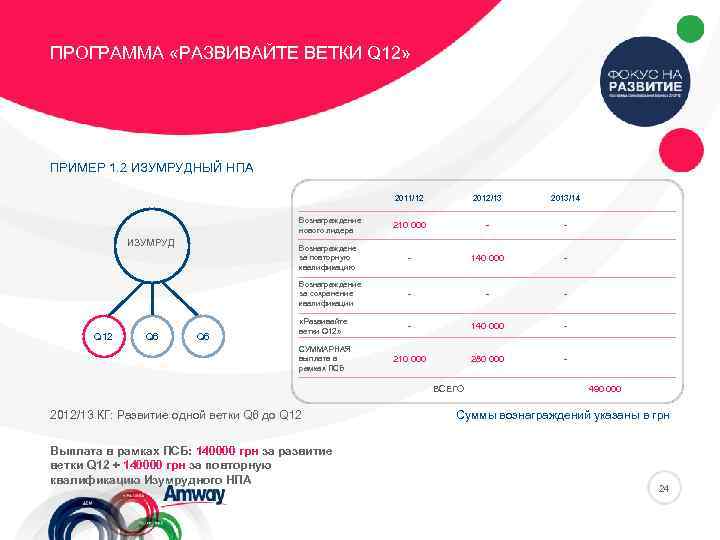 ПРОГРАММА «РАЗВИВАЙТЕ ВЕТКИ Q 12» ПРИМЕР 1. 2 ИЗУМРУДНЫЙ НПА 2011/12 - Вознаграждене за