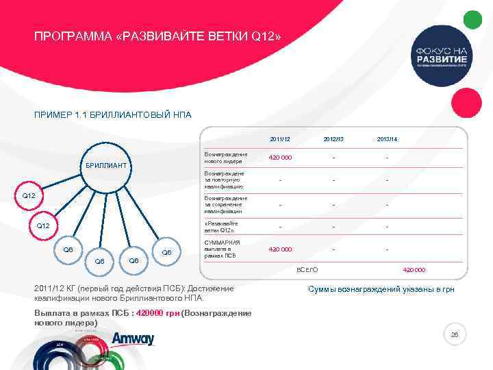 ПРОГРАММА «РАЗВИВАЙТЕ ВЕТКИ Q 12» ПРИМЕР 1. 1 БРИЛЛИАНТОВЫЙ НПА 2011/12 Q 6 Q