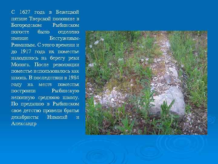 С 1627 года в Бежецкой пятине Тверской половине в Богородском Рыбинском погосте было отделено