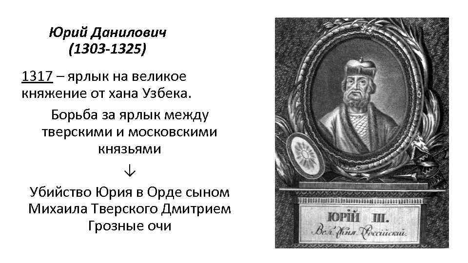 Юрий Данилович (1303 -1325) 1317 – ярлык на великое княжение от хана Узбека. Борьба