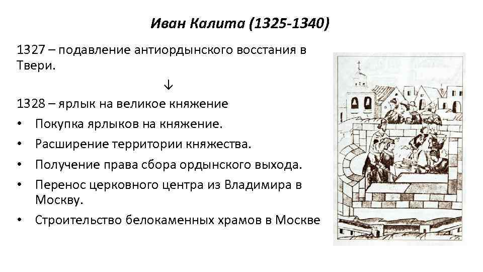 Иван Калита (1325 -1340) 1327 – подавление антиордынского восстания в Твери. ↓ 1328 –