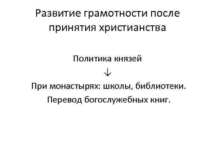 Развитие грамотности после принятия христианства Политика князей ↓ При монастырях: школы, библиотеки. Перевод богослужебных