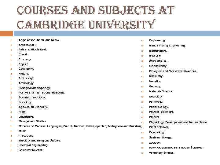 courses and subjects at cambridge university Anglo-Saxon, Norse and Celtic. Engineering. Architecture. Manufacturing Engineering.