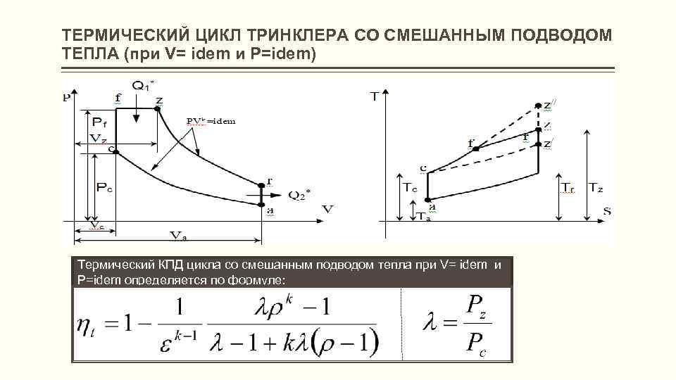  ТЕРМИЧЕСКИЙ ЦИКЛ ТРИНКЛЕРА СО СМЕШАННЫМ ПОДВОДОМ ТЕПЛА (при V= idem и Р=idem) Термический