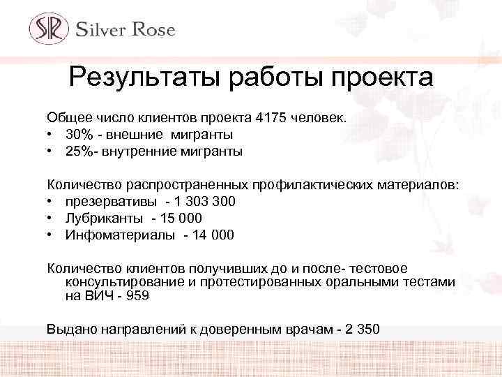 Результаты работы проекта Общее число клиентов проекта 4175 человек. • 30% - внешние мигранты