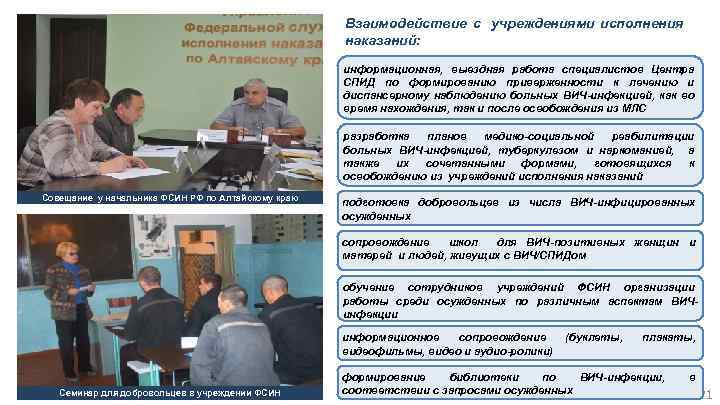 Взаимодействие с учреждениями исполнения наказаний: информационная, выездная работа специалистов Центра СПИД по формированию приверженности