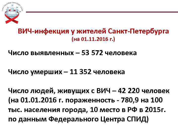 ВИЧ-инфекция у жителей Санкт-Петербурга (на 01. 11. 2016 г. ) Число выявленных – 53
