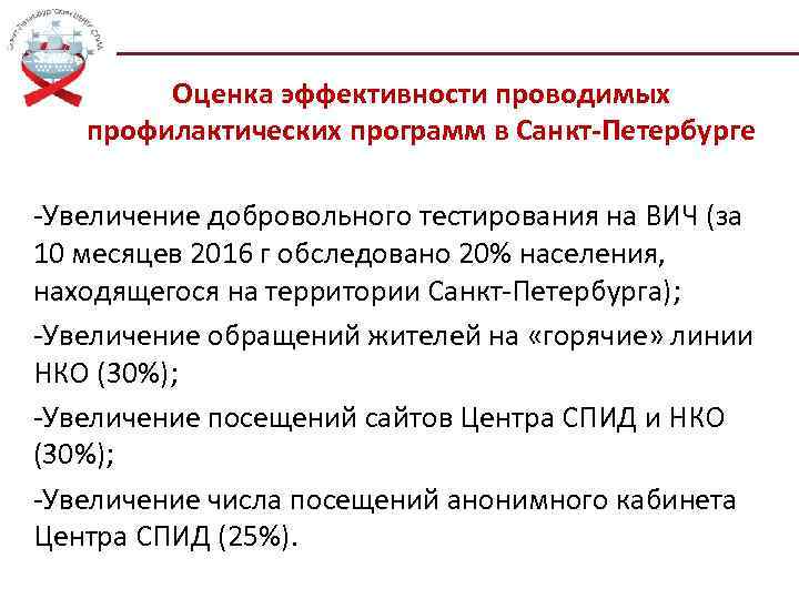 Оценка эффективности проводимых профилактических программ в Санкт-Петербурге -Увеличение добровольного тестирования на ВИЧ (за 10