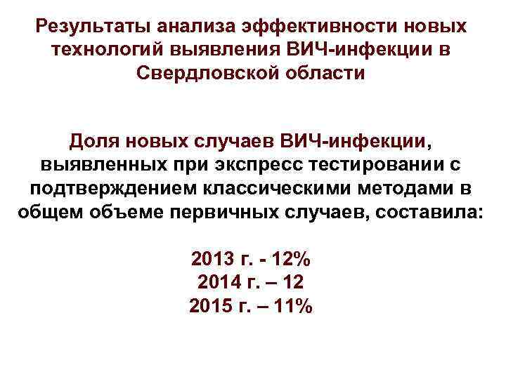 Результаты анализа эффективности новых технологий выявления ВИЧ-инфекции в Свердловской области Доля новых случаев ВИЧ-инфекции,