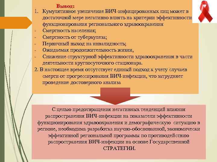 Вывод: 1. Кумулятивное увеличение ВИЧ-инфицированных лиц может в достаточной мере негативно влиять на критерии
