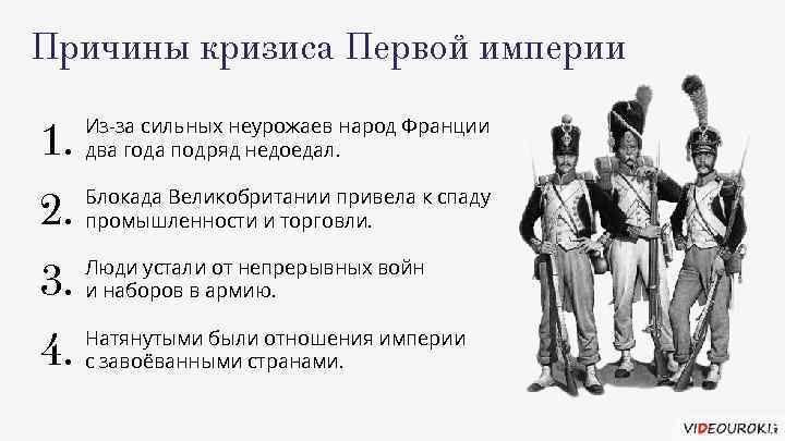 Причины кризиса Первой империи 1. Из-за сильных неурожаев народ Франции два года подряд недоедал.