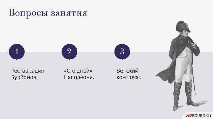 Вопросы занятия 1 Реставрация Бурбонов. 2 «Сто дней» Наполеона. 3 Венский конгресс. 