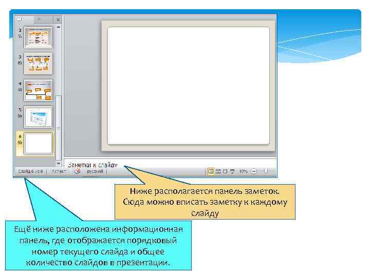 Ниже располагается панель заметок. Сюда можно вписать заметку к каждому слайду Ещё ниже расположена