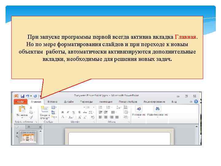 При запуске программы первой всегда активна вкладка Главная. Но по мере форматирования слайдов и