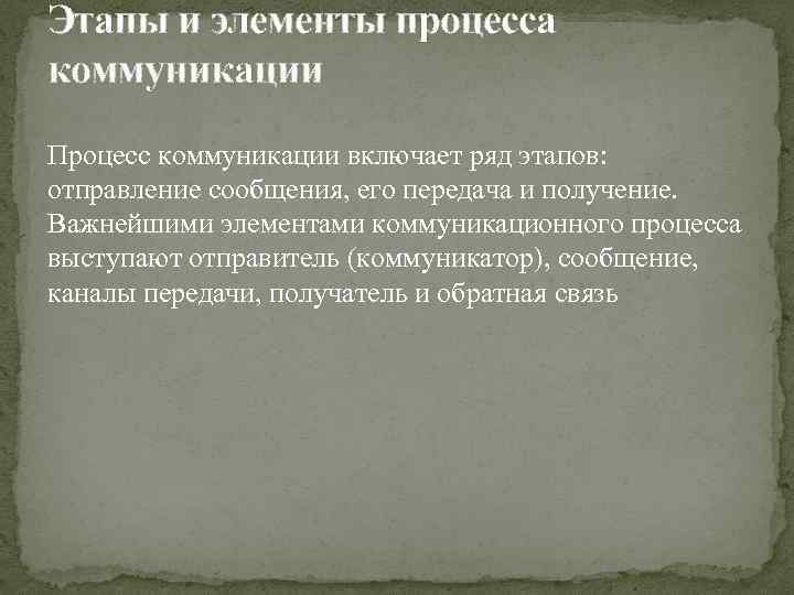 Этапы и элементы процесса коммуникации Процесс коммуникации включает ряд этапов: отправление сообщения, его передача