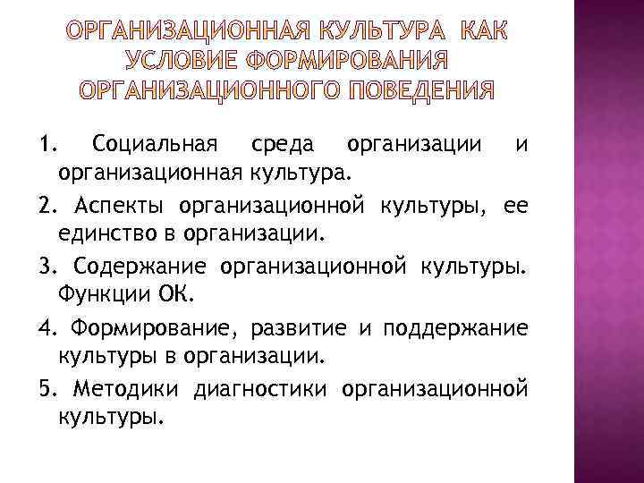 1. Социальная среда организации и организационная культура. 2. Аспекты организационной культуры, ее единство в