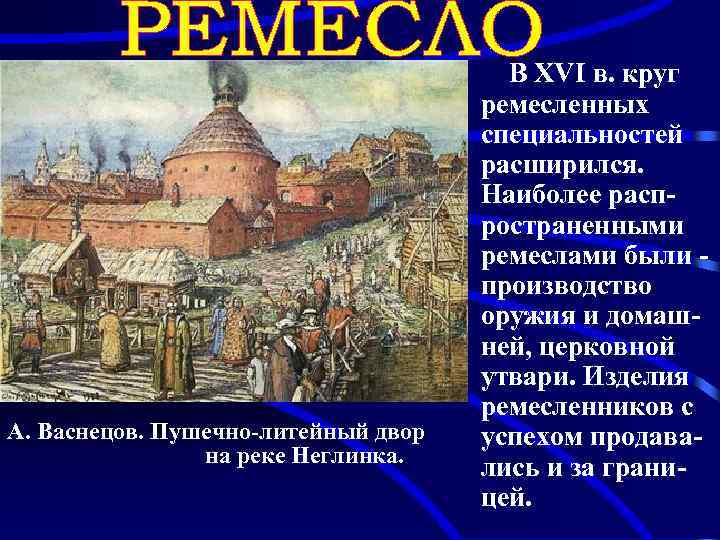 А. Васнецов. Пушечно-литейный двор на реке Неглинка. В XVI в. круг ремесленных специальностей расширился.