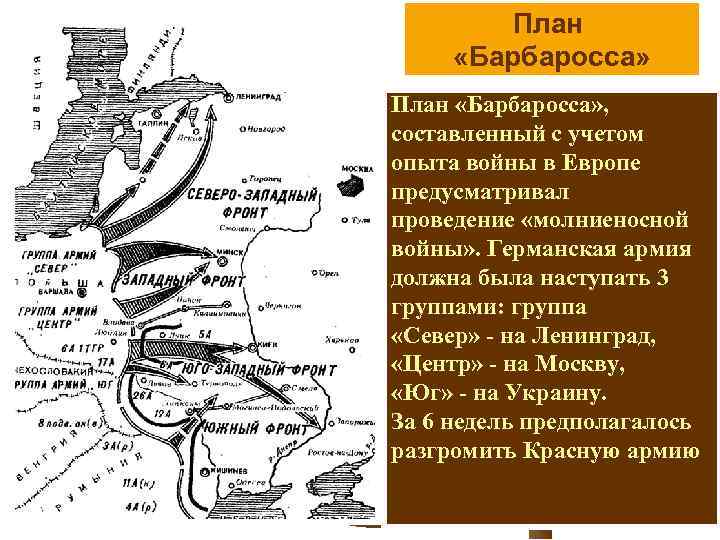 План «Барбаросса» , составленный с учетом опыта войны в Европе предусматривал проведение «молниеносной войны»