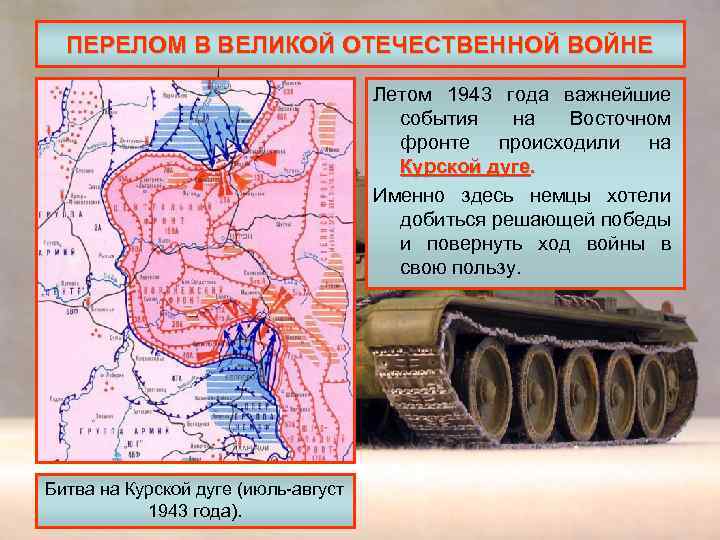 ПЕРЕЛОМ В ВЕЛИКОЙ ОТЕЧЕСТВЕННОЙ ВОЙНЕ Летом 1943 года важнейшие события на Восточном фронте происходили