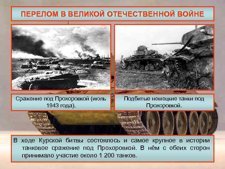 ПЕРЕЛОМ В ВЕЛИКОЙ ОТЕЧЕСТВЕННОЙ ВОЙНЕ Сражение под Прохоровкой (июль 1943 года). Подбитые немецкие танки