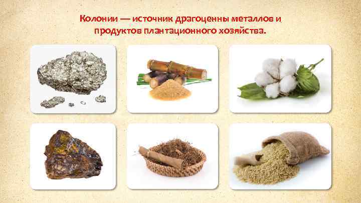 Колонии — источник драгоценны металлов и продуктов плантационного хозяйства. 
