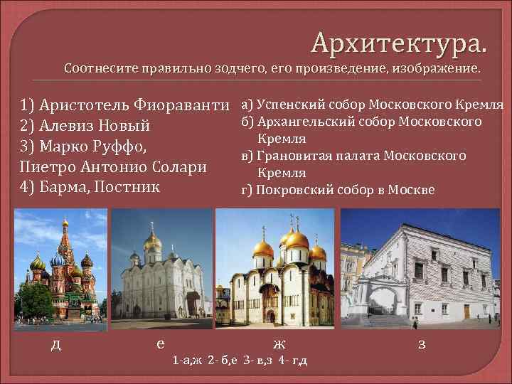 Архитектура. Соотнесите правильно зодчего, его произведение, изображение. 1) Аристотель Фиораванти 2) Алевиз Новый 3)