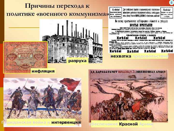 8 Причины перехода к политике «военного коммунизма» нехватка продовольствия разруха инфляция Гражданская война и