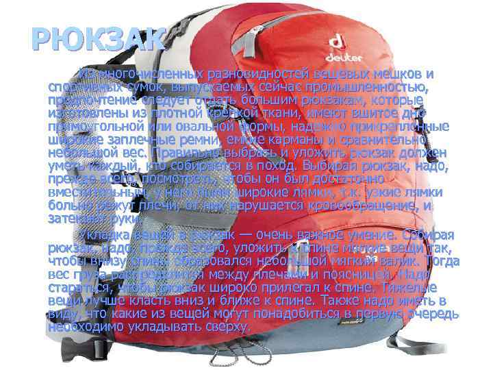 РЮКЗАК Из многочисленных разновидностей вещевых мешков и спортивных сумок, выпускаемых сейчас промышленностью, предпочтение следует