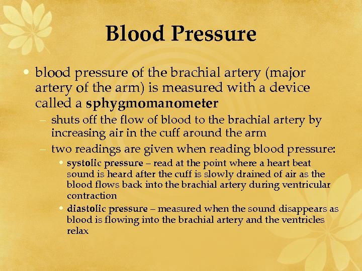 Blood Pressure • blood pressure of the brachial artery (major artery of the arm)