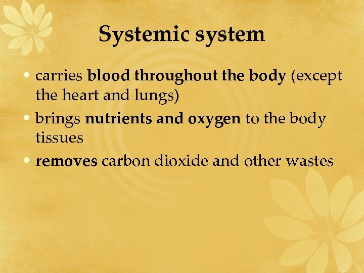 Systemic system • carries blood throughout the body (except the heart and lungs) •