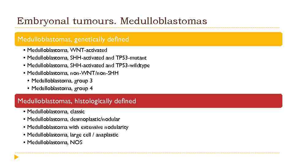 Embryonal tumours. Medulloblastomas, genetically defined • • Medulloblastoma, WNT-activated Medulloblastoma, SHH-activated and TP 53