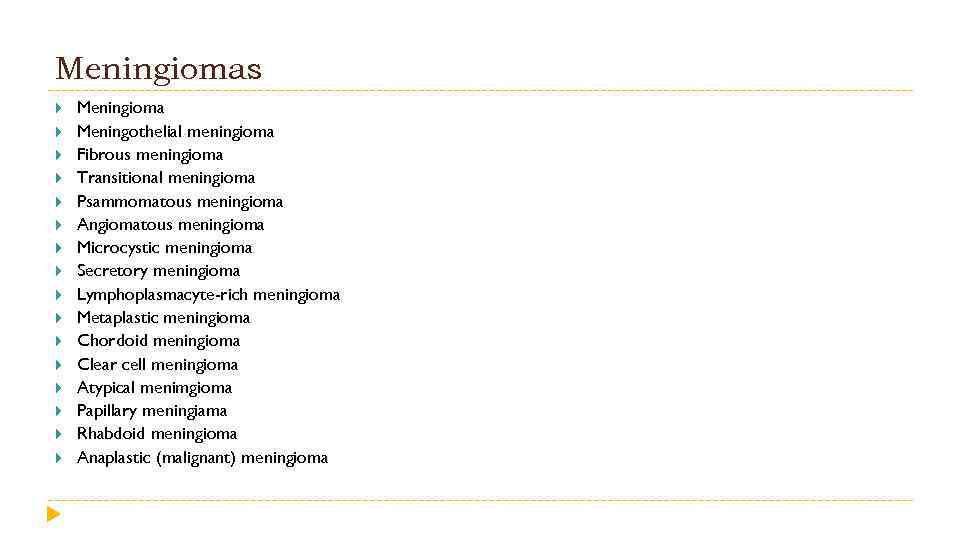 Meningiomas Meningioma Meningothelial meningioma Fibrous meningioma Transitional meningioma Psammomatous meningioma Angiomatous meningioma Microcystic meningioma