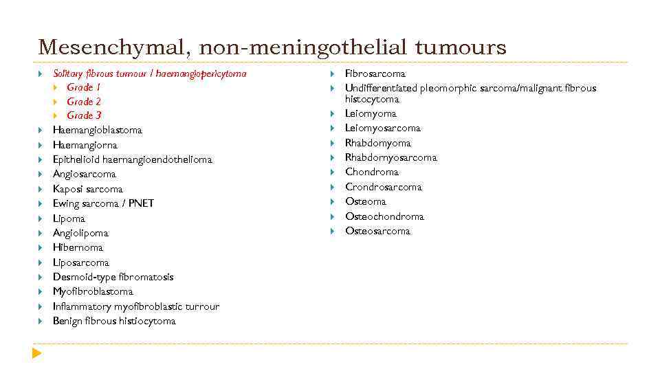 Mesenchymal, non-meningothelial tumours Solitary fibrous turnour / haemangiopericytoma Grade 1 Grade 2 Grade 3