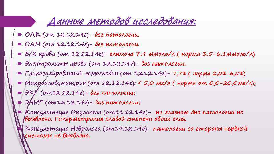 Данные методов исследования: ОАК (от 12. 14 г)- без патологии. ОАМ (от 12. 14
