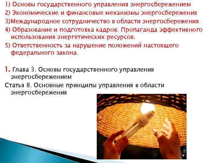 1) Основы государственного управления энергосбережением 2) Экономические и финансовые механизмы энергосбережения 3)Международное сотрудничество в