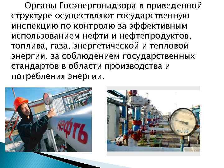 Органы Госэнергонадзора в приведенной структуре осуществляют государственную инспекцию по контролю за эффективным использованием нефти